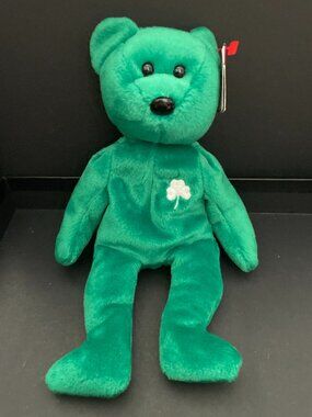 green Ty Beanie Baby bear named Erin, released in 1997 with a white shamrock NWT